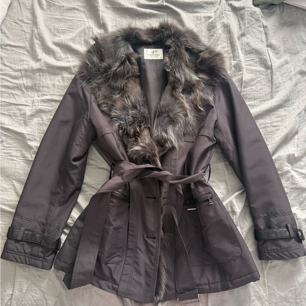 Elegant Fur-Trimmed Charcoal Trench Coat